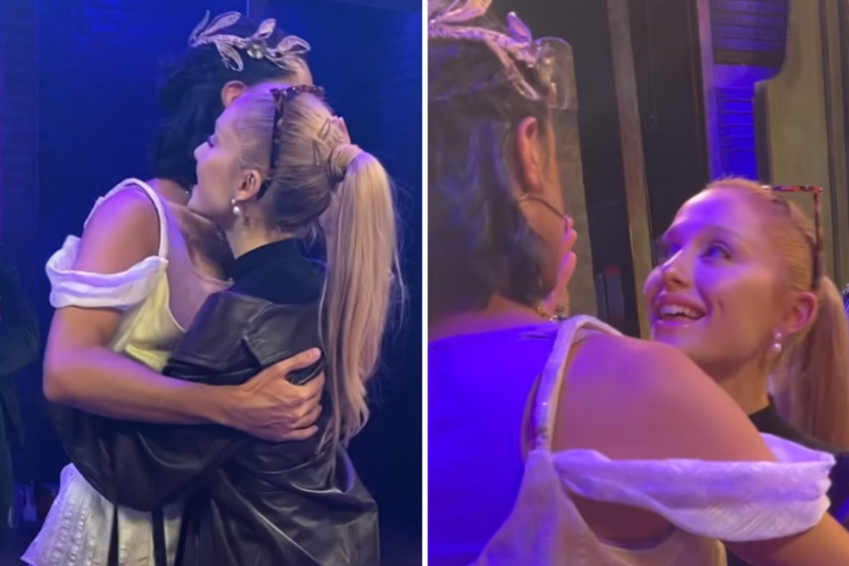 &amp; Juliet star Matt Raffy received a hug from pop icon Ariana Grande (r.) after she attended the show on Broadway.