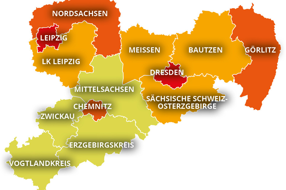 Die Sachsen-Karte veranschaulicht die Hochburgen des Fahrraddiebstahls (rote Bereiche), gemessen an Fällen pro 100.000 Einwohner.