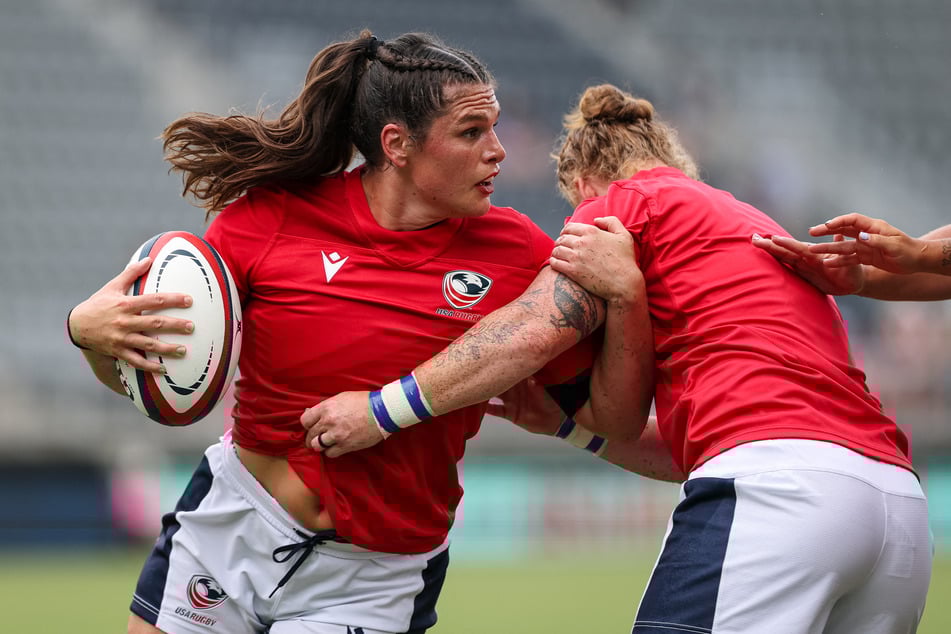 Ilona Maher of the US carries the ball before the match against Fiji at Audi Field on July 19, 2025, in Washington DC.