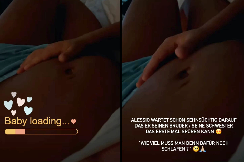 Alessio (6) legt seine Hand auf Sarah Engels' (28) Babybauch, in der Hoffnung, sein Geschwisterchen schon spüren zu können. (Fotomontage)