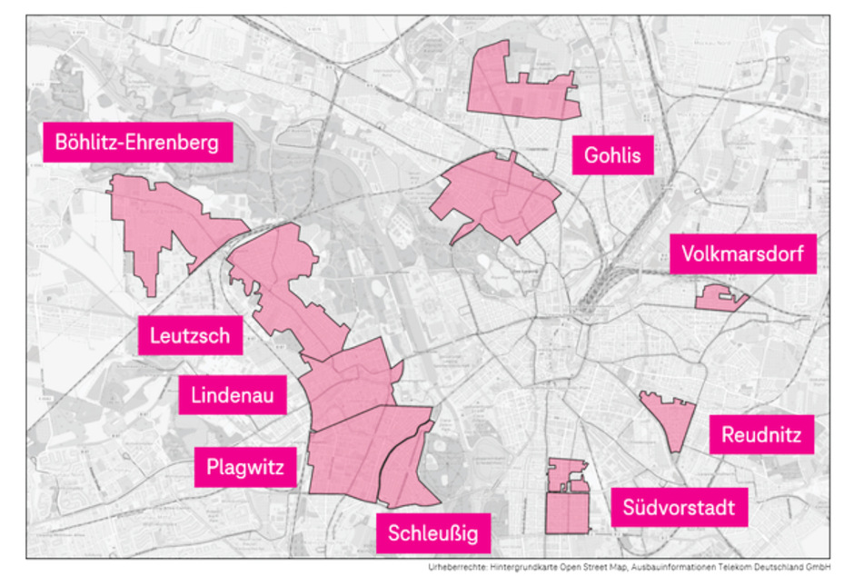 Glasfaser-Ausbaugebiete der Telekom in Leipzig.