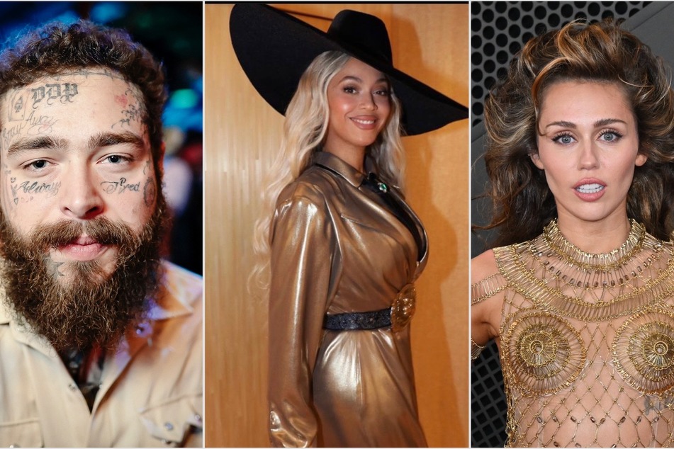 Beyoncé's Act II: Cowboy Carter reportedly features artists: Miley Cyrus (r), Post Malone, and more.