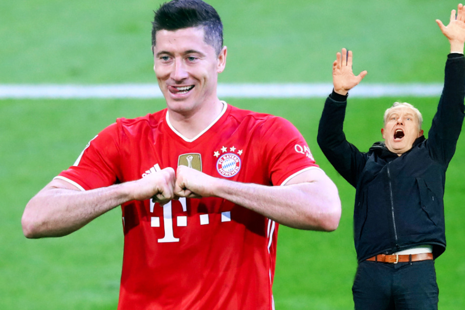 Freiburgs Trainer Christian Streich (55, r.) würde es ungern sehen, wenn Bayern-Stürmer Robert Lewandowski (32, l.) den Rekord von Gerd Müller (75) übertrifft. (Fotomontage)