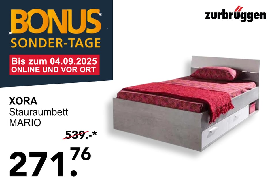 Das XORA Stauraumbett MARIO
für 271,76 statt 539 Euro.