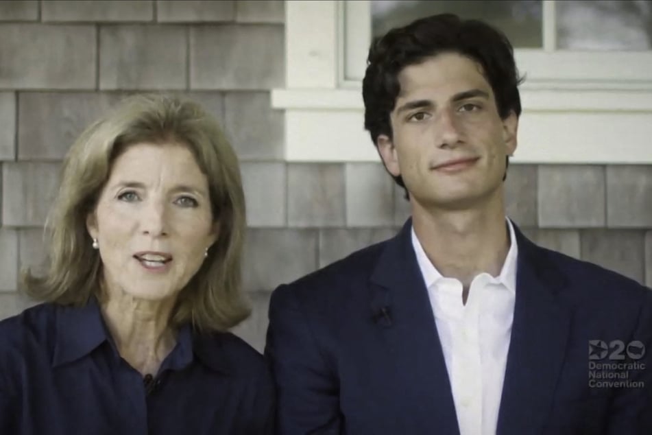 Jack Schlossberg (r.) and his mother, Ambassador Caroline Kennedy, speak during the virtual Democratic National Convention on August 18, 2020.