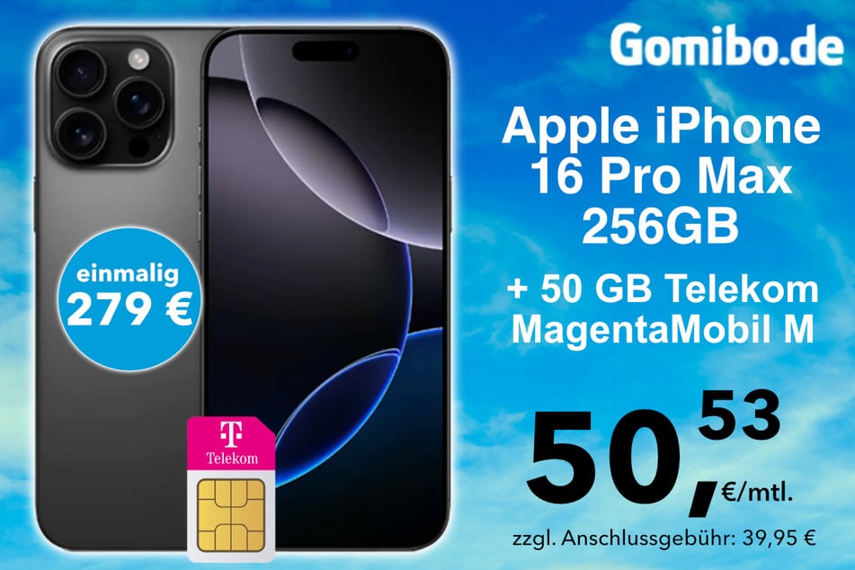 Das Apple iPhone 16 Pro Max in der 50 GB Telekom MagentaMobil M Flat für 50,53 Euro pro Monat.