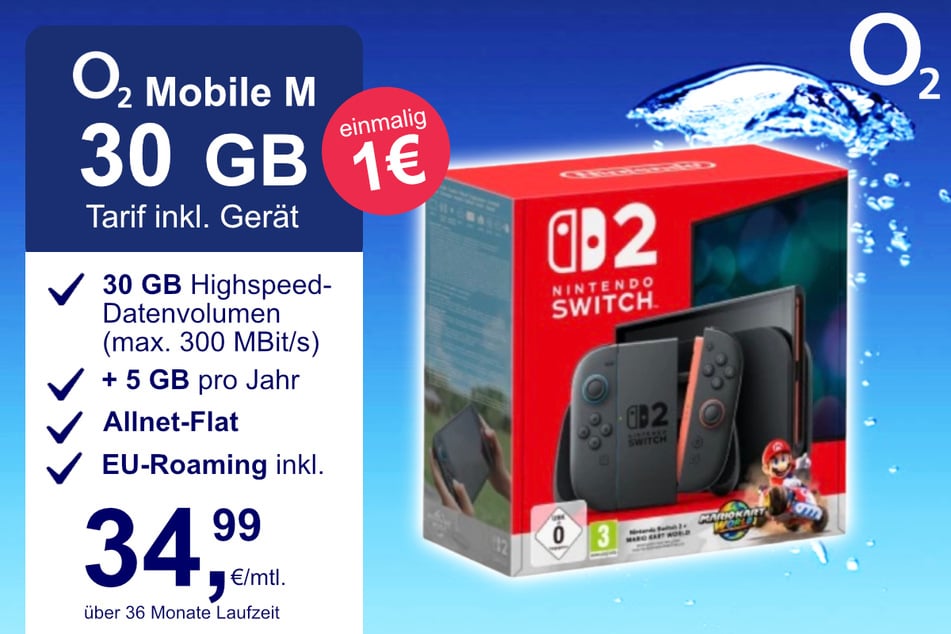 Die Nintendo Switch 2 plus Mario Kart World im o2 Mobile M inkl. 30 GB+ für einmalig nur 1 Euro.