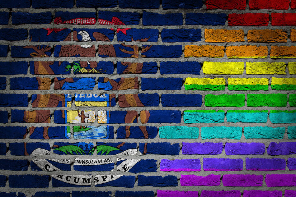 A rainbow flag is painting on a brick wall alongside the seal of the state of Michigan.