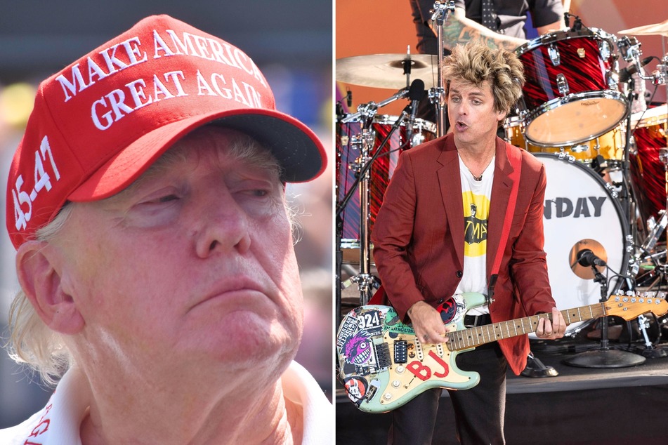 The punk band Green Day are facing backlash after singer Billy Joe Armstrong (r.) held up a mask of Donald Trump during their recent show in Washington DC.