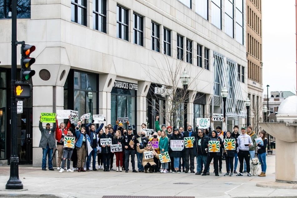 Starbucks workers in Madison, Wisconsin, celebrate their union win.