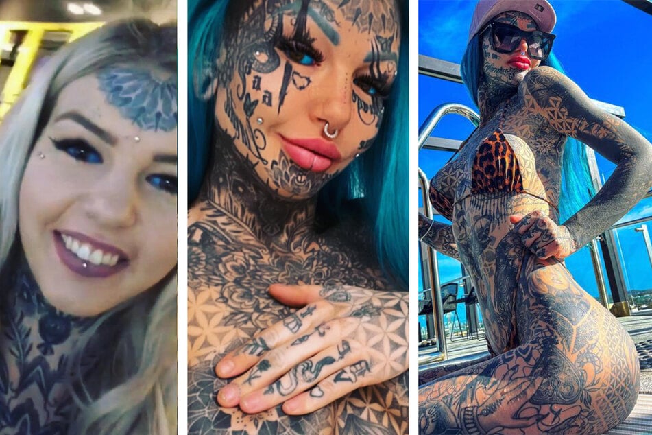 Dragon Girl showed photos of herself before (l.) and after her numerous tattoos and body modifications.