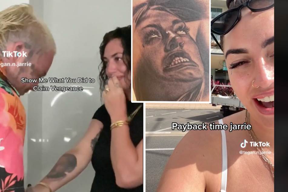 This TikTok couple has been going back and forth with terrible tattoos of each other, after Jarrie (l.) got some unflattering ink of his wife (inset top) that went viral.