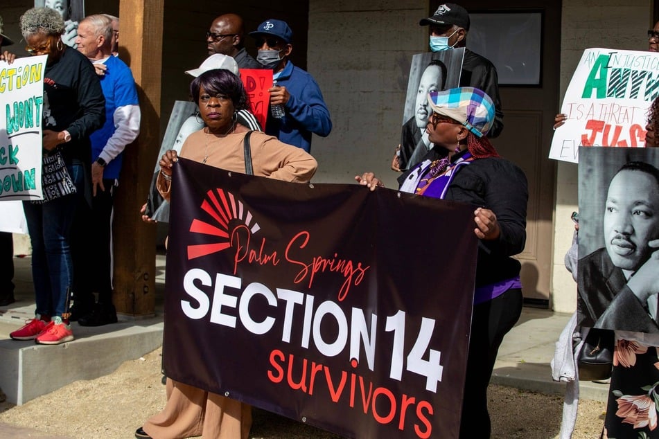 The Section 14 Survivors group hosts a rally at Frances Stevens Park on Martin Luther King, Jr. Day 2024 in Palm Springs, California.