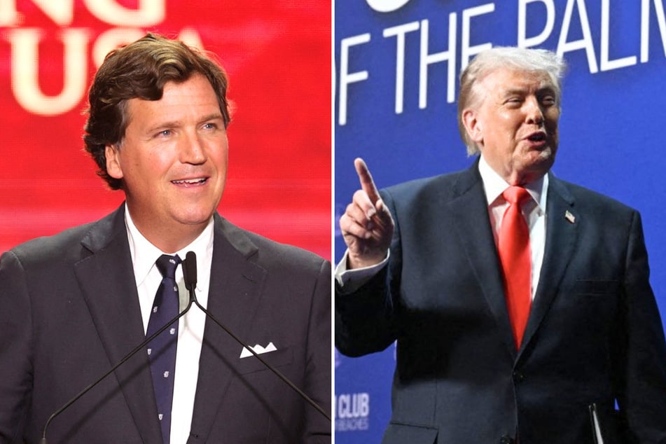 In a recent interview, Tucker Carlson (l) argued that President Donald Trump (r) is being "held hostage" by Benjamin Netanyahu to continue the Iran war.