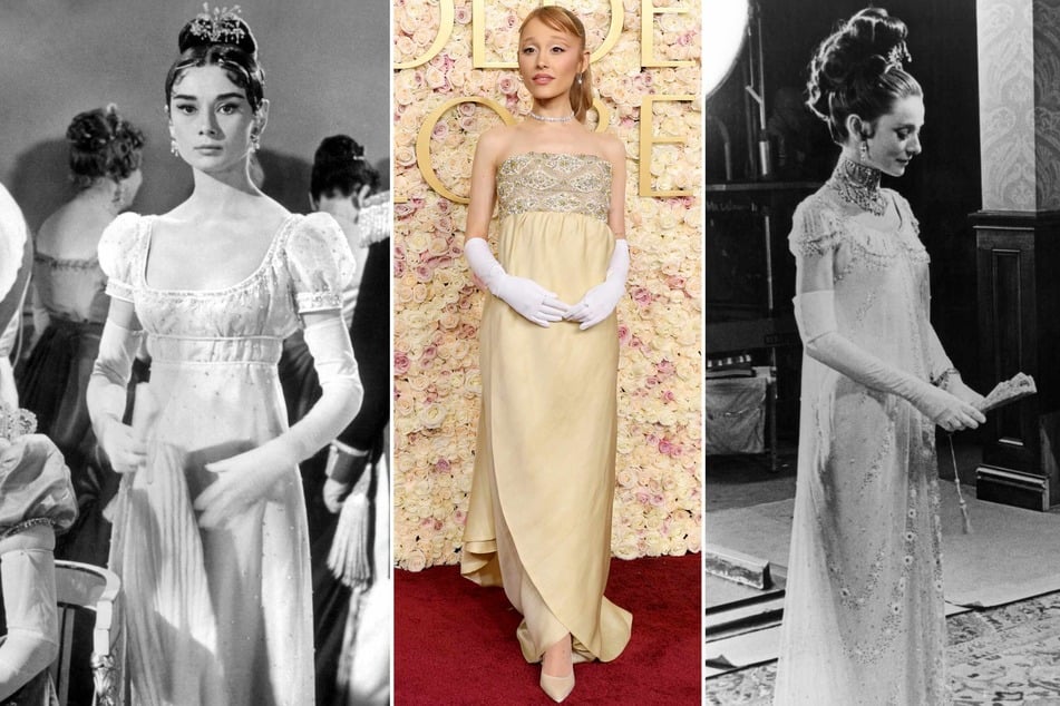 Audrey Hepburn's glittering empire-waist ball gowns for her roles in War and Peace (1956) and My Fair Lady (1964) have also drawn comparisons to Ariana Grande's (c.) recent regency-inspired dress from the Golden Globes.