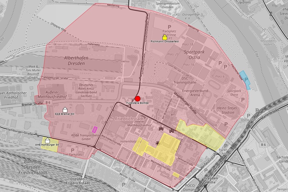 Rund um den Bombenfundort (roter Punkt in der Mitte) müssen am Donnerstag zahlreiche Dresdner vorübergehend evakuiert werden.