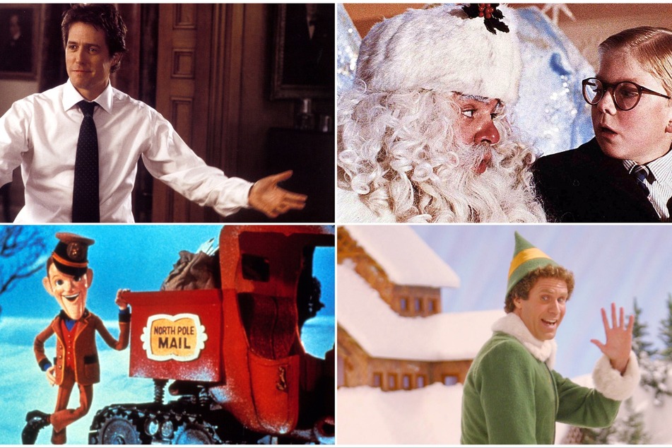 Clockwise from top l: Hugh Grant in Love Actually, Peter Billingsley in A Christmas story, Will Ferrell in Elf, and a scene from Santa Claus is Comin' to Town.