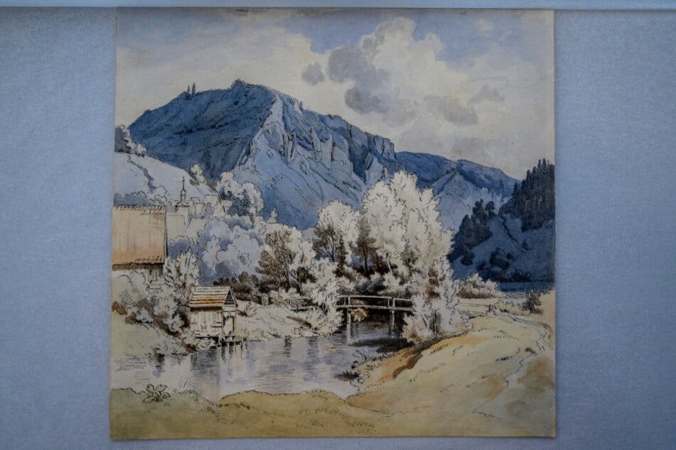 Ernst Ferdinand Oehmes (1797-1855) Flußlandschaft im Gebirge, undatiert Aquarell über Feder in Schwarz.