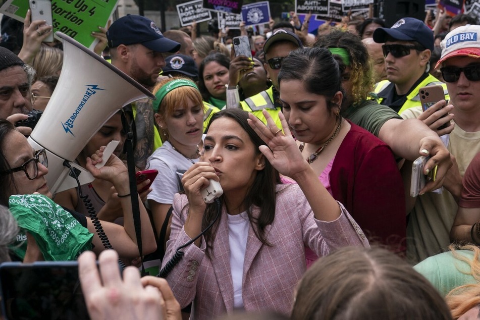 Rep. Alexandria Ocasio-Cortez attends a pro-choice rally after the Supreme Court overturned Roe v. Wade.