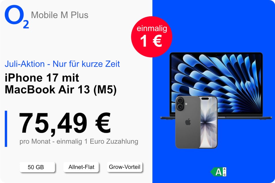 Das iPhone 17 mit MacBook Air 13 (M5) und 50 GB Daten für einmalig nur 1 Euro bei o2.
