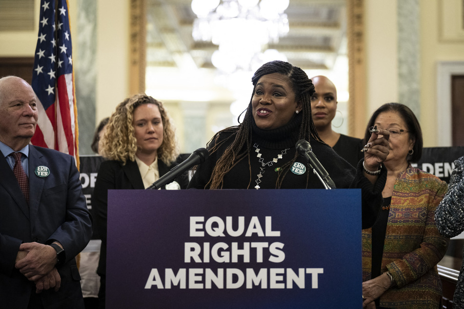 Representative Cori Bush speaks during a news conference to announce a joint resolution to affirm the ratification of the Equal Rights Amendment on Capitol Hill.
