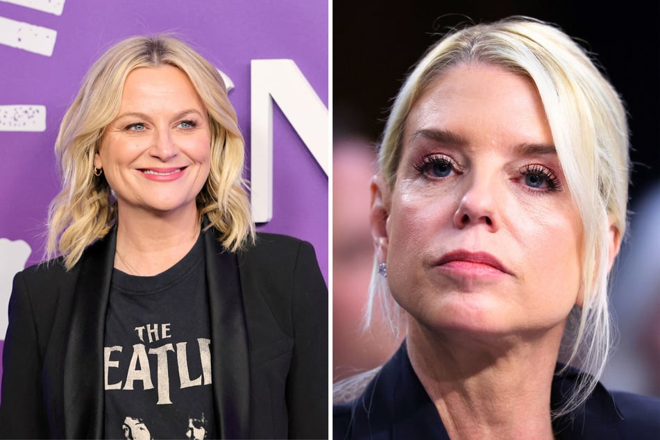 In recent social media posts, Pam Bondi (r.) and the Department of Homeland Security shared reactions to Amy Poehler (l.) and Tina Fey mocking them on Saturday Night Live.