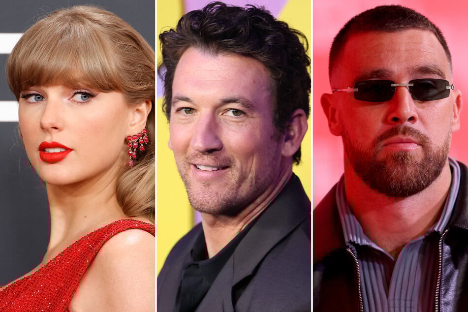 Miles Teller (c.) joined Travis Kelce (r.) for the latest episode of the athlete's New Heights podcast amid rumors Miles has had a falling out with Taylor Swift.