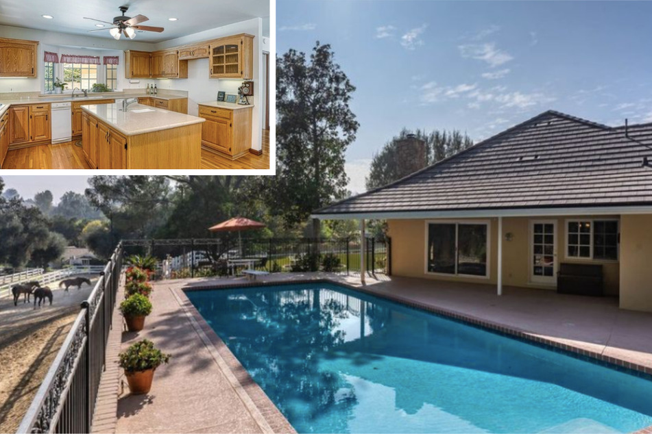 The Hidden Hills house's listing featured photos of the property, which includes a pool overlooking a horse stable and a kitchen renovated in 2005 (inset).