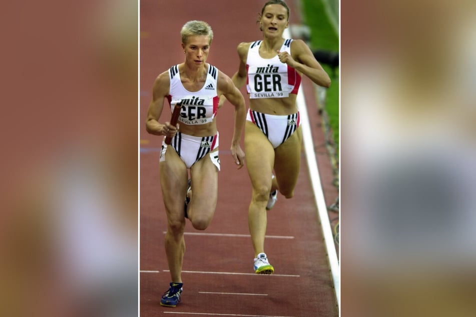 Stabwechsel bei der WM 1999 in Sevilla: Anja Rücker (damals 26, l.) bekommt im 4-mal-400-Meter-Rennen den Staffelstab von Läuferin Anja Knippel (damals 25).