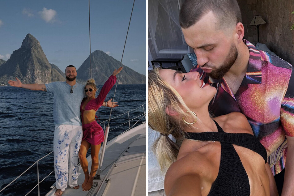 Haley Cavinder (c.) and her NFL boyfriend, Jake Ferguson, have the internet swooning after pictures of their romantic getaway were shared online.