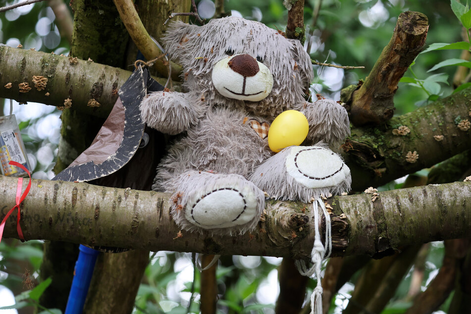 Ein Teddy-Bär erinnert an den getöteten Joel (t6) aus Pragsdorf an der Stelle, wo er im September 2023 gefunden wurde.