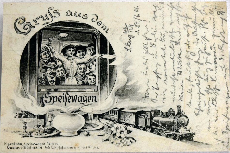 Eine alte Postkarte von 1906 mit Grüßen aus dem Speisewagen.