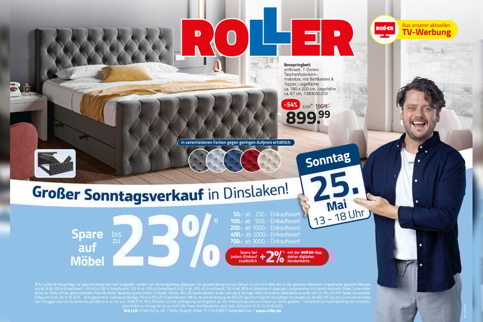 Zum verkaufsoffenen Sonntag (25.5.) bei ROLLER Dinslaken gibt's schicke Boxspringbetten 54 Prozent günstiger.