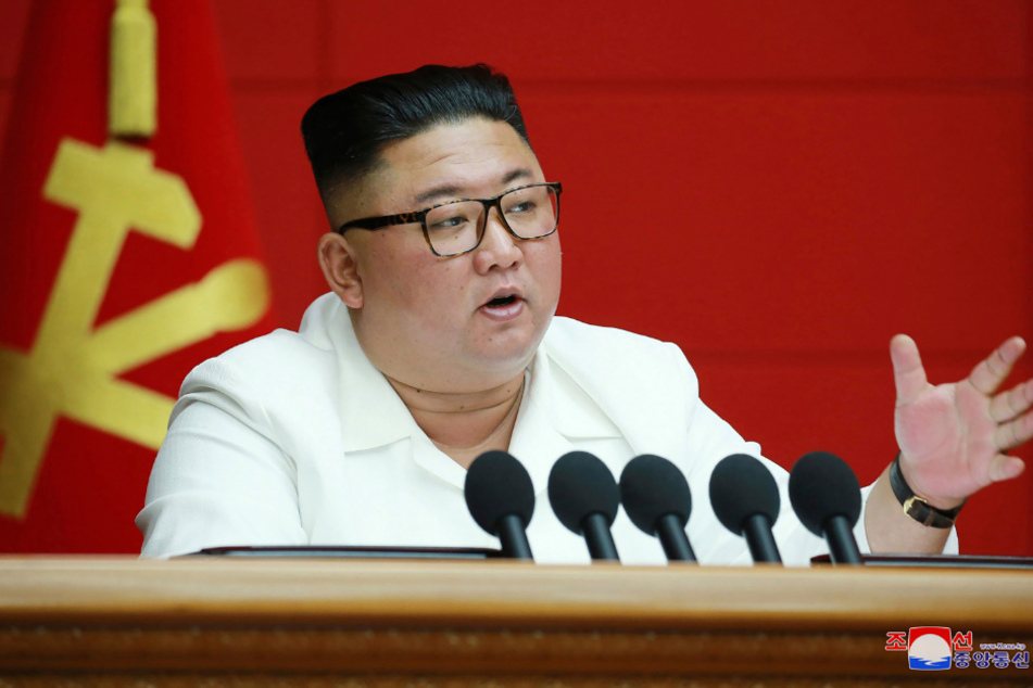 In a North Korean government photo, ruler Kim Jong-un speaks during a plenary session of the Workers' Party.