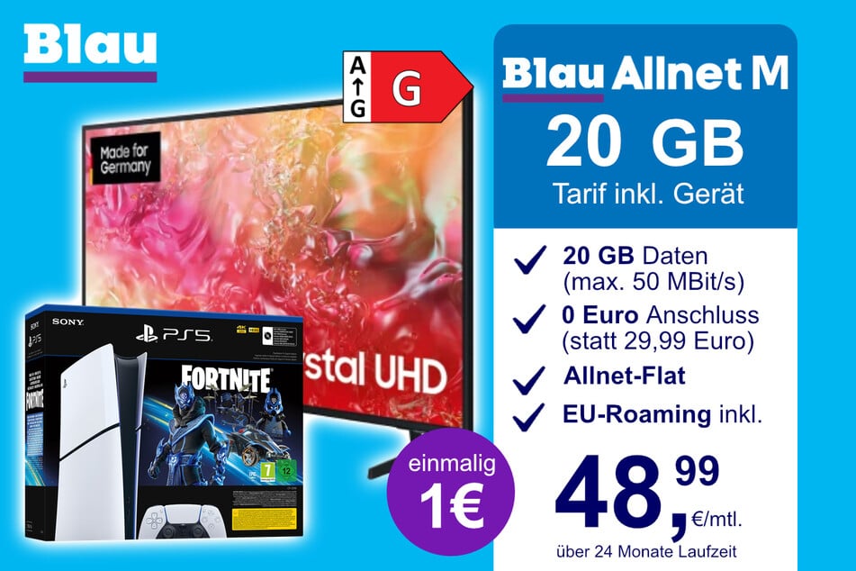 Das Samsung Smart TV + PS5 Slim gibt's jetzt bei Blau für einmalig nur 1 Euro im Vertrag.