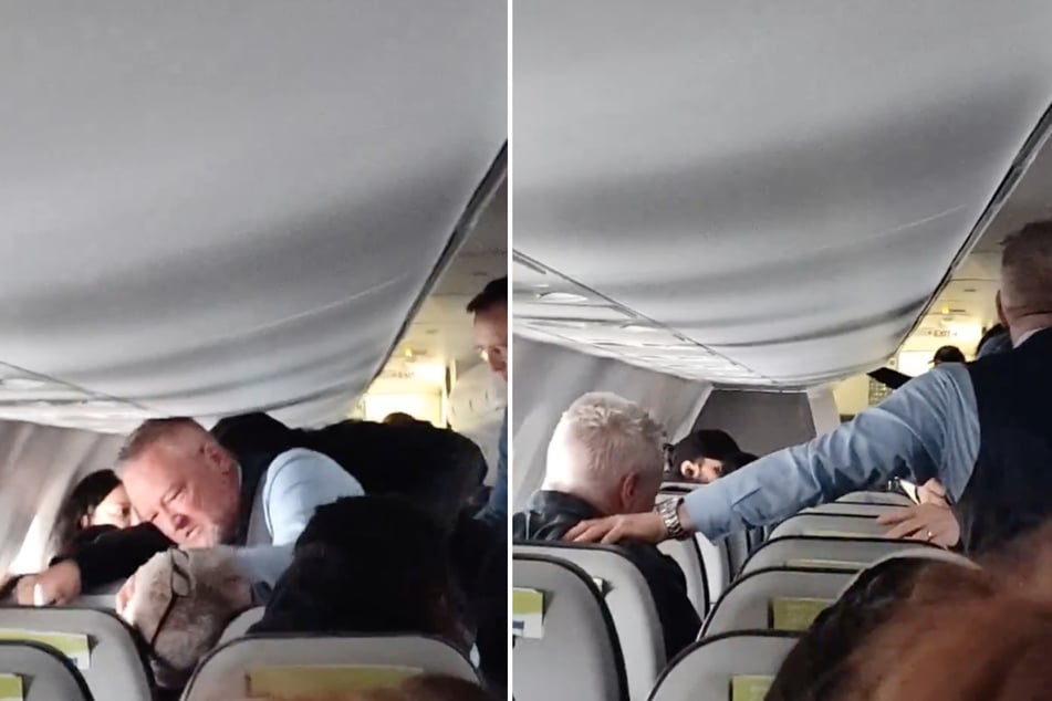 Der Flugbegleiter (rechts auf den Bildern zu sehen), stoppte den Mann, der die Frau in der Sitzreihe vor sich angriff.