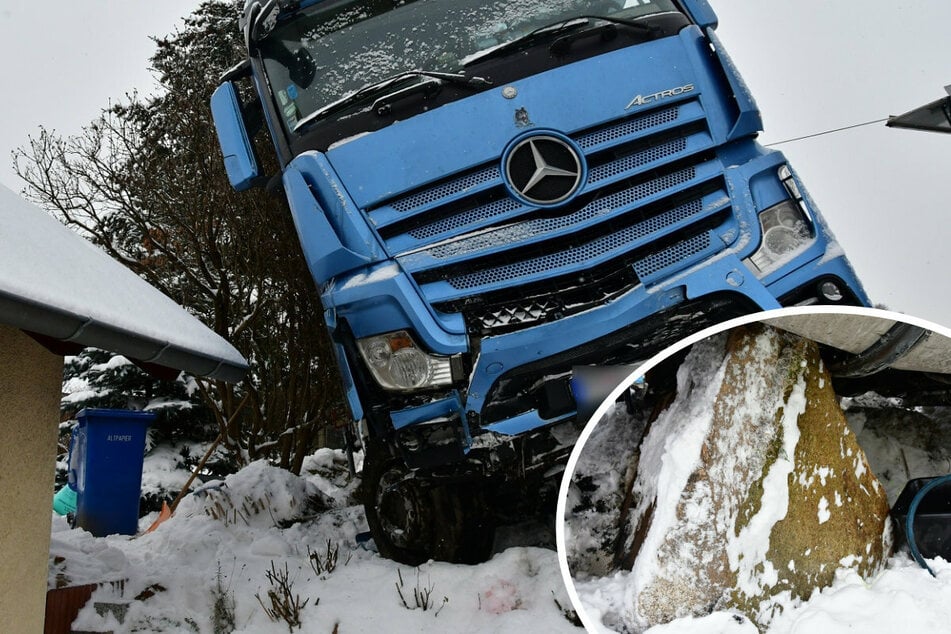 Nur knapp vor dem Wohnhaus kam ein Sattelzug zum Stillstand. Ein Felsen im Vorgarten hielt den rutschenden Laster auf.
