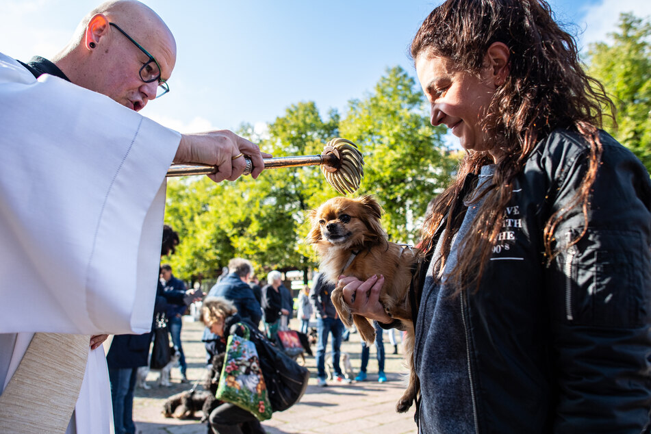 Carsten Lehmann (l.), Diakon der Domgemeinde, segnet vor dem Osnabrücker Dom einen Hund.
