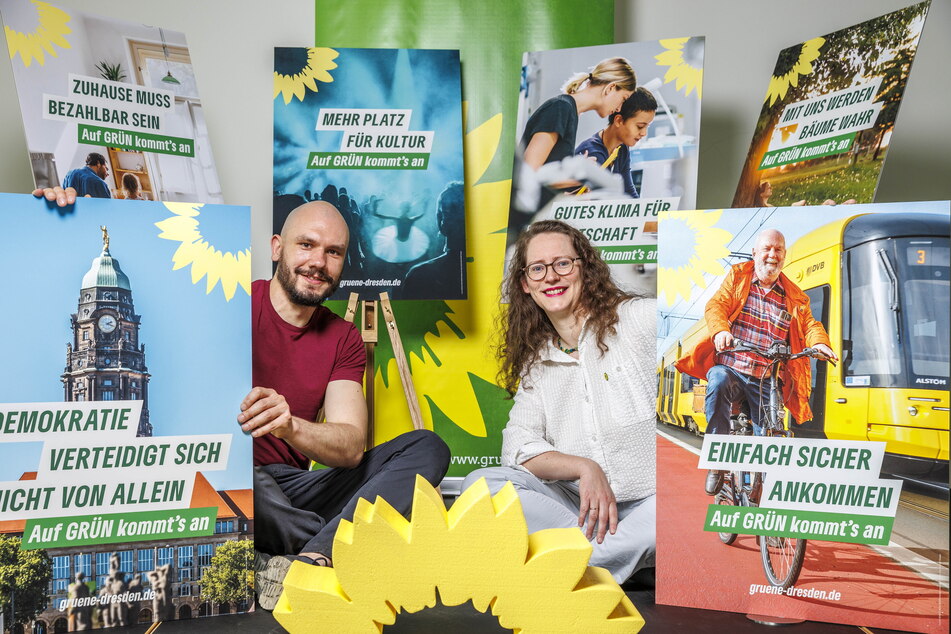 Mit diesen Plakaten wollen die Grünen um Klemens Schneider (33) und Susanne Krause (41) Wähler ansprechen.