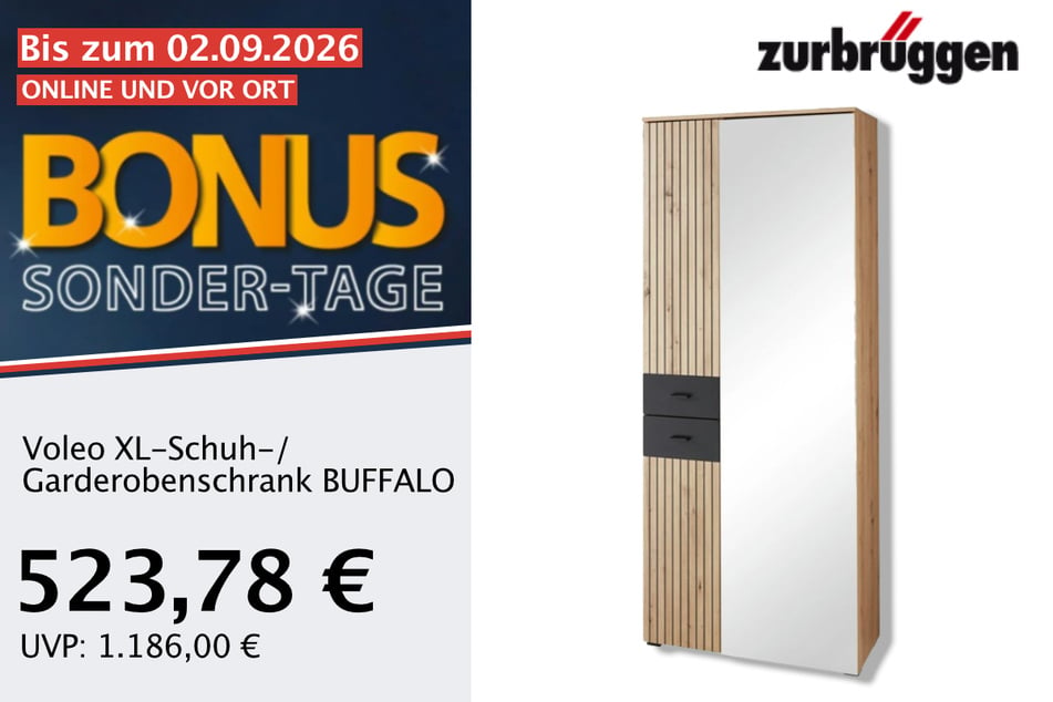 Der Voleo XL-Schuh-/ Garderobenschrank BUFFALO
für 523,78 statt 1.186 Euro.