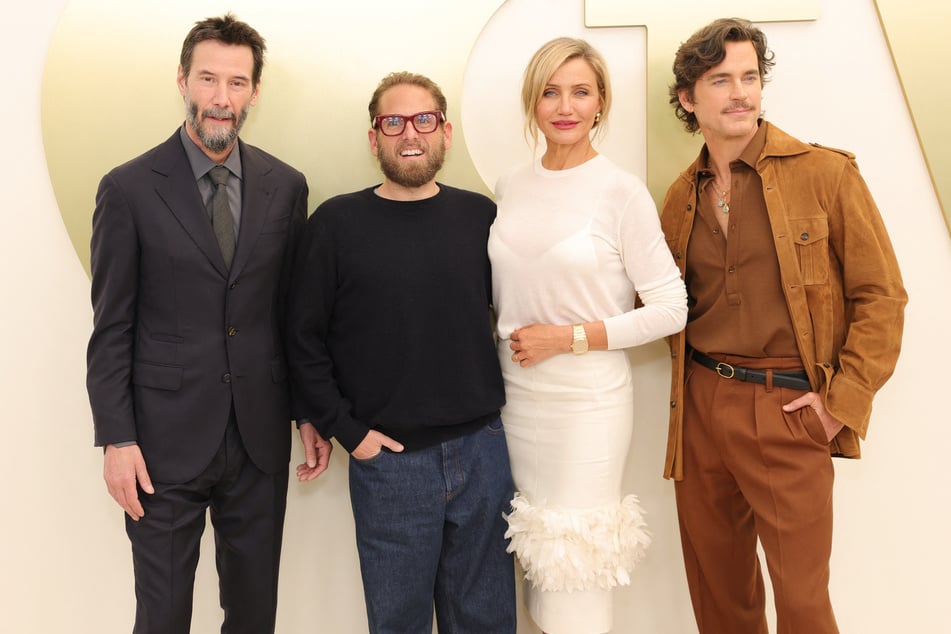 Die "Outcome"-Schauspieler bei einem Pressetermin in Santa Monica (v.l.n.r.): Keanu Reeves (61), Jonah Hill, Cameron Diaz (53) und Matt Bomer (48).