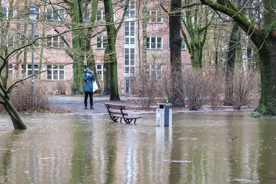 Auch am Schlossteich in Chemnitz stieg das Wasser, setzte Bänke und Mülleimer unter Wasser.