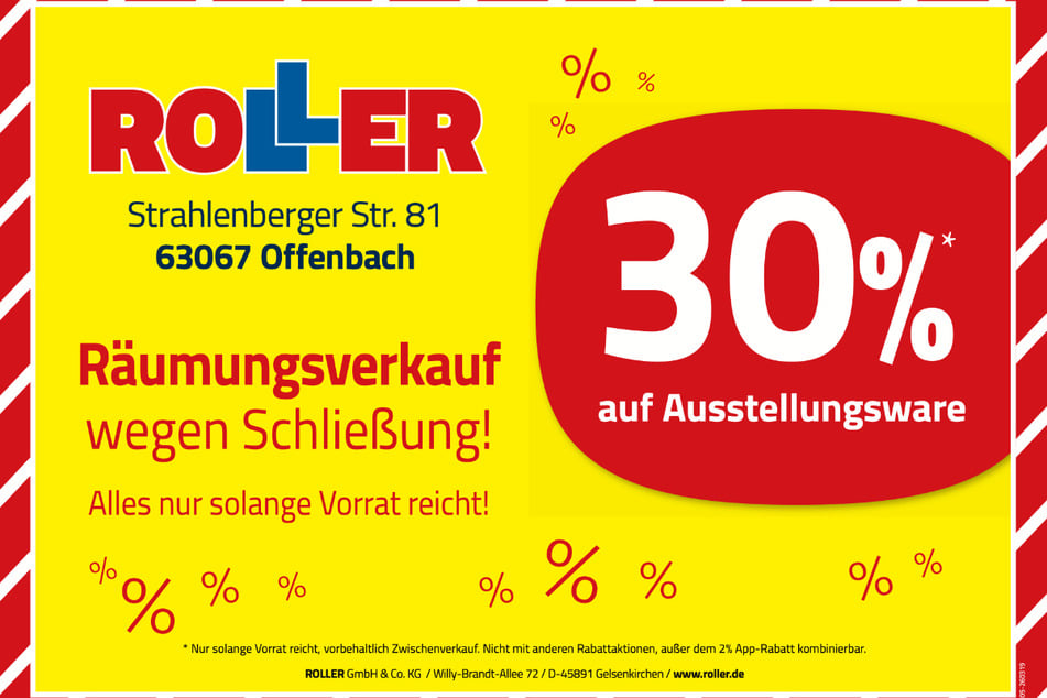 Während des Räumungsverkaufs bei ROLLER in Offenbach erhalten Kunden 30 Prozent Rabatt¹ auf Möbel.