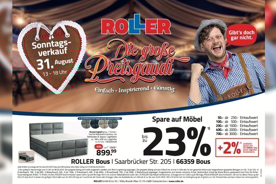 Zum verkaufsoffenen Sonntag (31.8.) bei ROLLER in Bous gibt's hochwertige Boxspringbetten 53 Prozent günstiger.