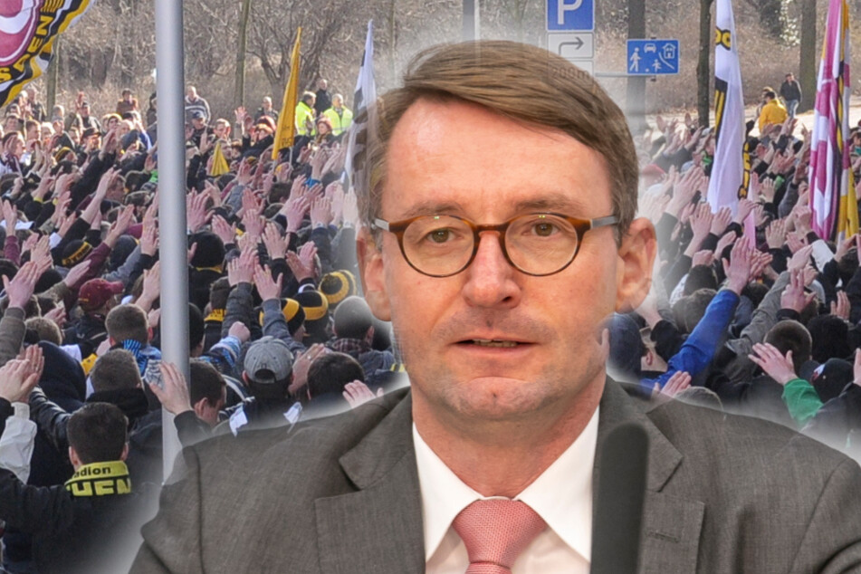 Solche Ansammlungen wie beim Geisterspiel 2012 zwischen Dynamo und Ingolstadt darf es nicht geben. Sachsens Innenminister Roland Wöller (49, CDU) will hart durchgreifen (Bildmontage)