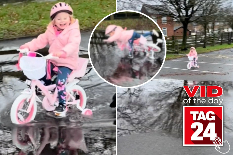 Today's Viral Video of the Day features a little girl who started off super well on her tricycle, until a giant puddle caused a major distraction.