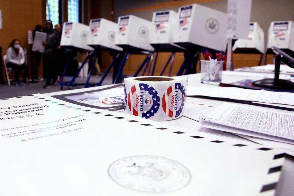 A roll of "I Voted" stickers sits on a table at a polling station in New York City on Election Day 2024.