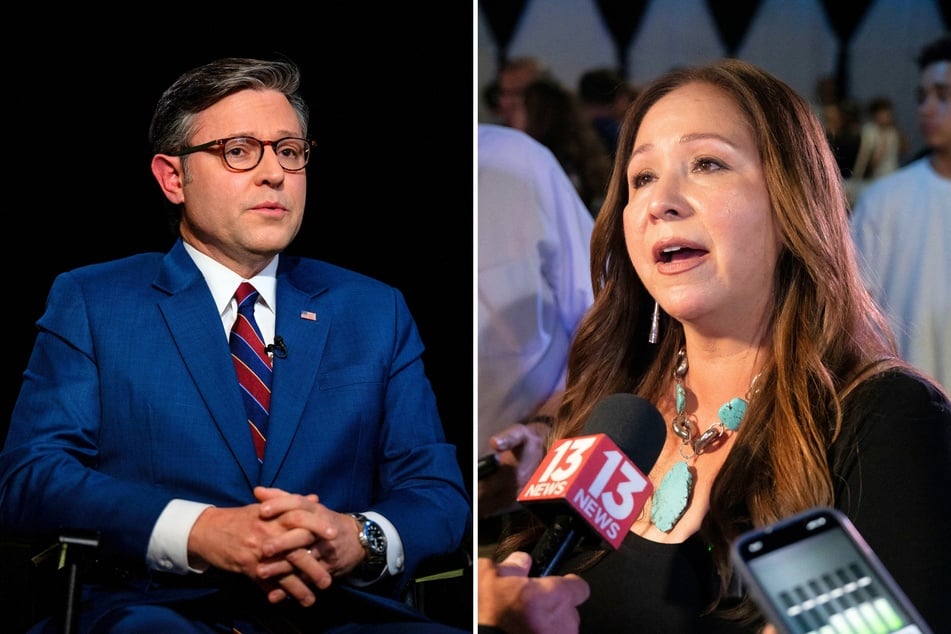 Arizona Congresswoman-elect Adelita Grijalva (r.) has accused House Speaker Mike Johnson of not swearing her in to avoid a vote on the Jeffrey Epstein files.