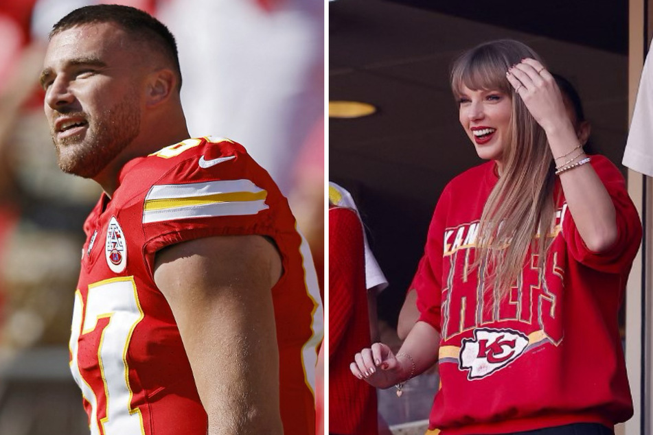 Travis Kelce (l.) gave an update on the status of his relationship with pop sensation Taylor Swift during a press conference on Friday, after a curious reporter couldn't resist asking.