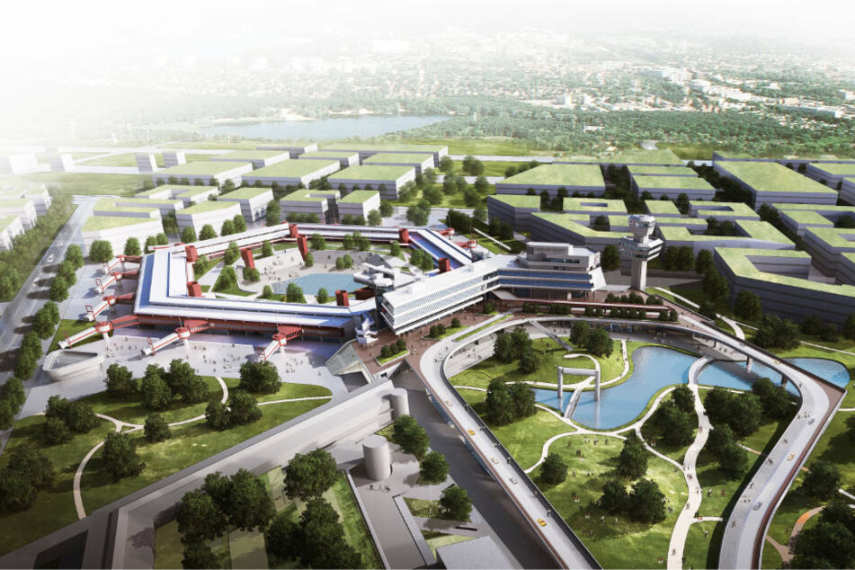 Ein Luftbild zeigt das markante sechseckige Terminal-Gebäude in seiner neuen Nutzung. Oberhalb schließt sich das neue Schumacher Quartier an, das Platz für mehr als 10.000 Menschen bieten soll. (Konzeptfoto)